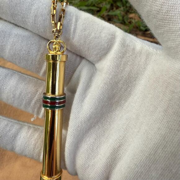Vintage Gucci Golden Stick Perfume Bottle Necklace Webbing Green Red Sherry Line - Picture 10 of 11